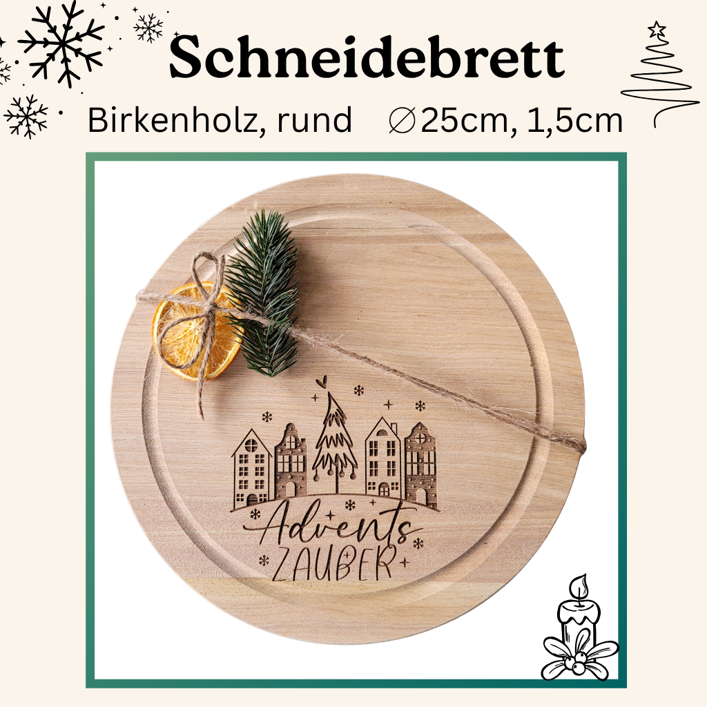 rundes schneidebrett birkenholz, Ø 25 cm, graviert mit „Adventszauber“, küchenbrett  kleine moderne häuserreihe shilouette mit baum in der mitte und herz weihnachtsgeschenk