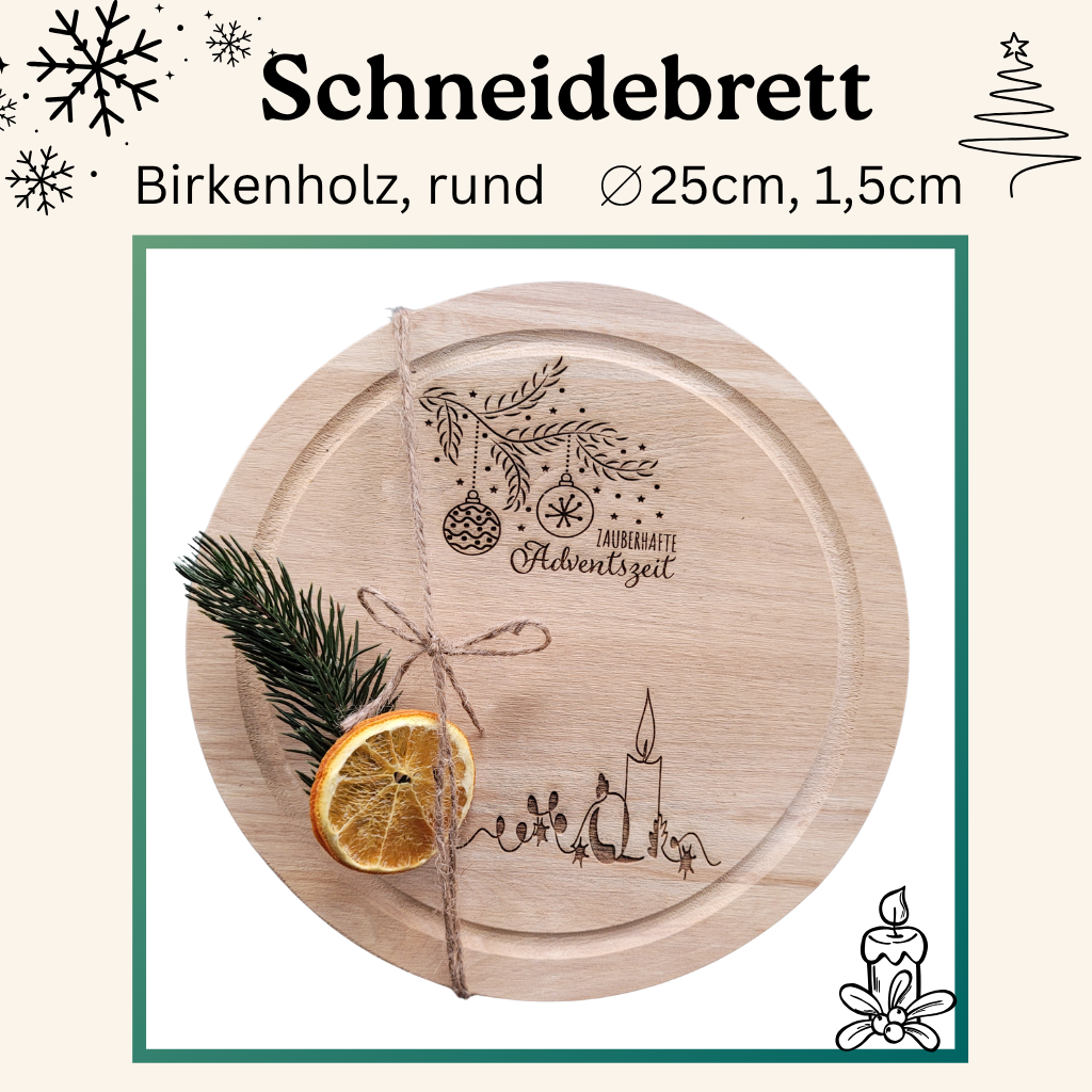weihnachtlich graviertes holzbrett rund 25cm 1,5cm naturbelassen geschenk frühstücksbrett dekobrett 
