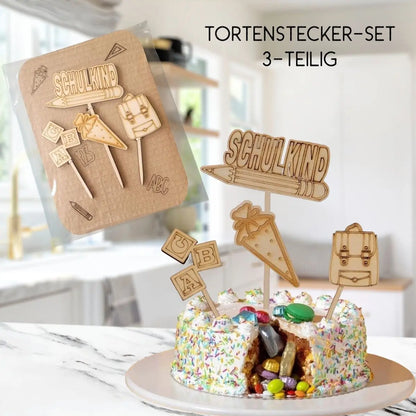 Caketopper-Einschulung-Tortenstecker-Holz-Ranzen-Schulkind-Stift