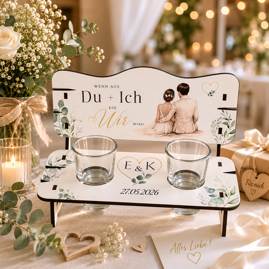 Schnapsbank Hochzeit Brautpaar Eukalyptus – personalisiert mit Initialen & Datum
