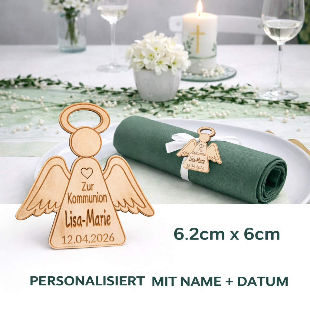 Personalisierter Schutzengel aus Holz zur Kommunion – mit Name & Datum