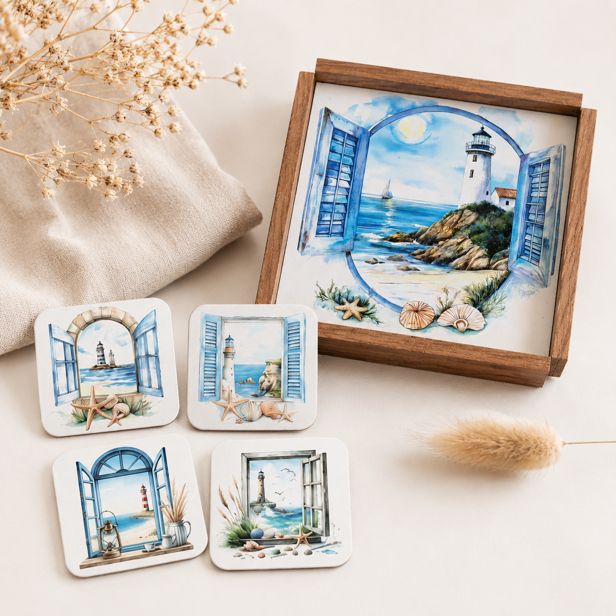 Holztablett-Set mit 4 Untersetzern – Nordisches Leuchtturm-Motiv