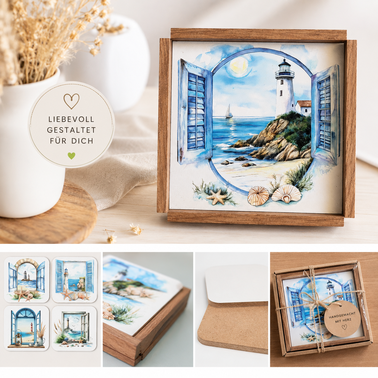 Holztablett-Set mit 4 Untersetzern – Nordisches Leuchtturm-Motiv