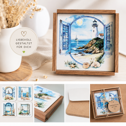 Holztablett-Set mit 4 Untersetzern – Nordisches Leuchtturm-Motiv