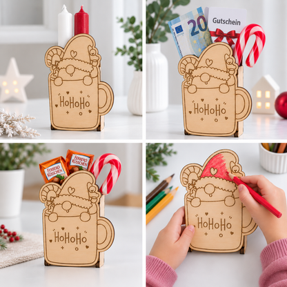 Wichtel in Tasse – Geschenkverpackung aus Holz