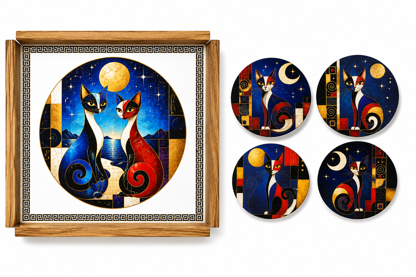 Holztablett-Set mit 4 Untersetzern - Katzenmotiv Moderne Kunst | Handmade