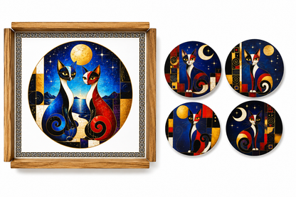 Holztablett-Set mit 4 Untersetzern - Katzenmotiv Moderne Kunst | Handmade