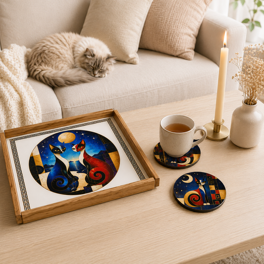 Holztablett-Set mit 4 Untersetzern - Katzenmotiv Moderne Kunst | Handmade