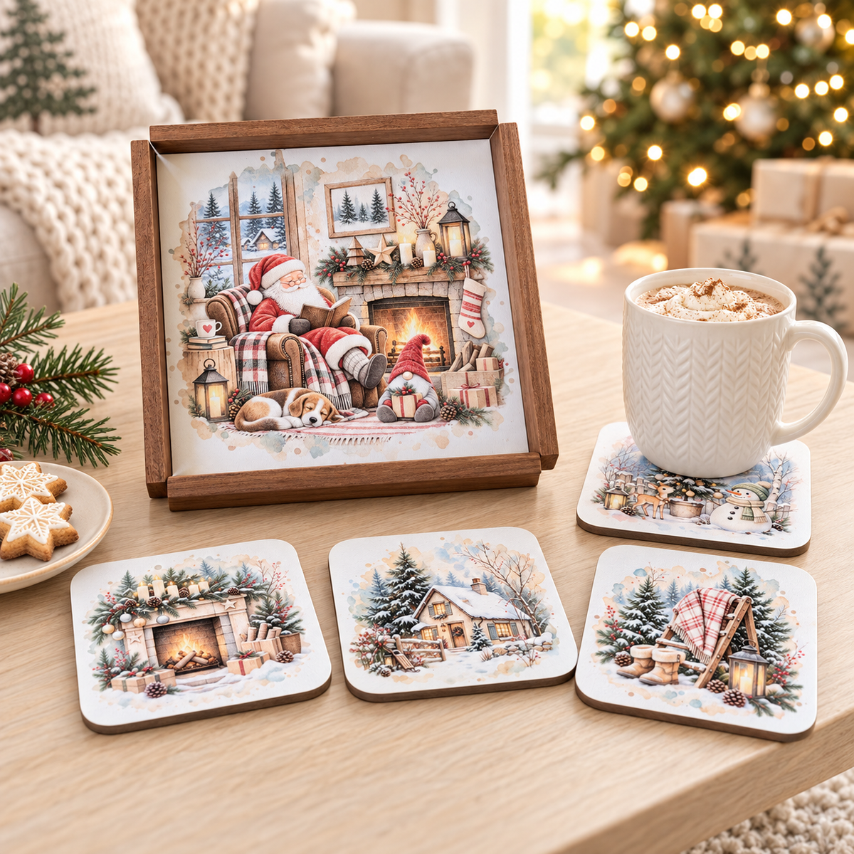 Holztablett-Set Weihnachten mit 4 Untersetzern – Wintermotive
