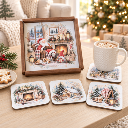 Holztablett-Set Weihnachten mit 4 Untersetzern – Wintermotive