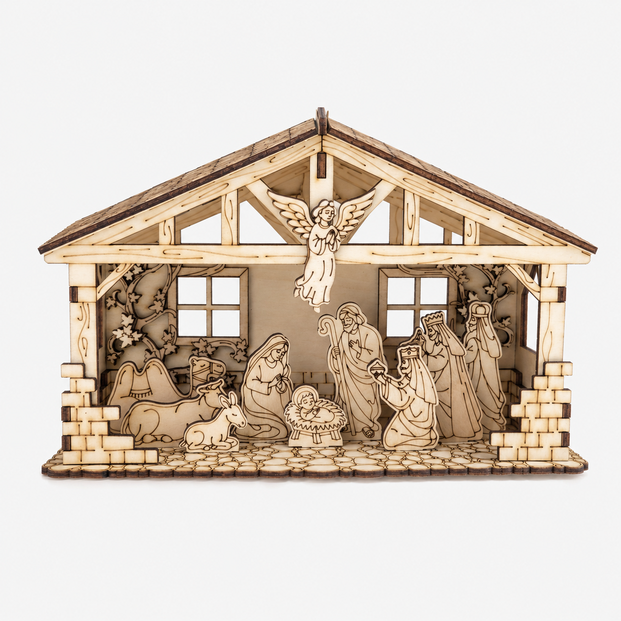Weihnachtliche Holzkrippe aus Pinienholz – Weihnachtsdekoration mit feiner Gravur