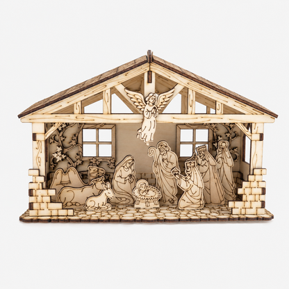 Weihnachtliche Holzkrippe aus Pinienholz – Weihnachtsdekoration mit feiner Gravur