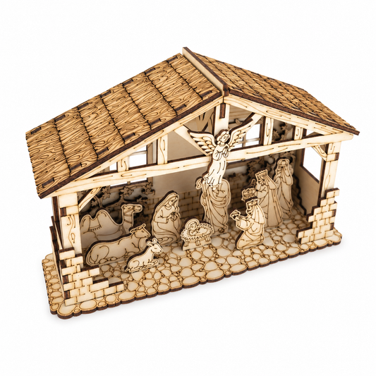Weihnachtliche Holzkrippe aus Pinienholz – Weihnachtsdekoration mit feiner Gravur