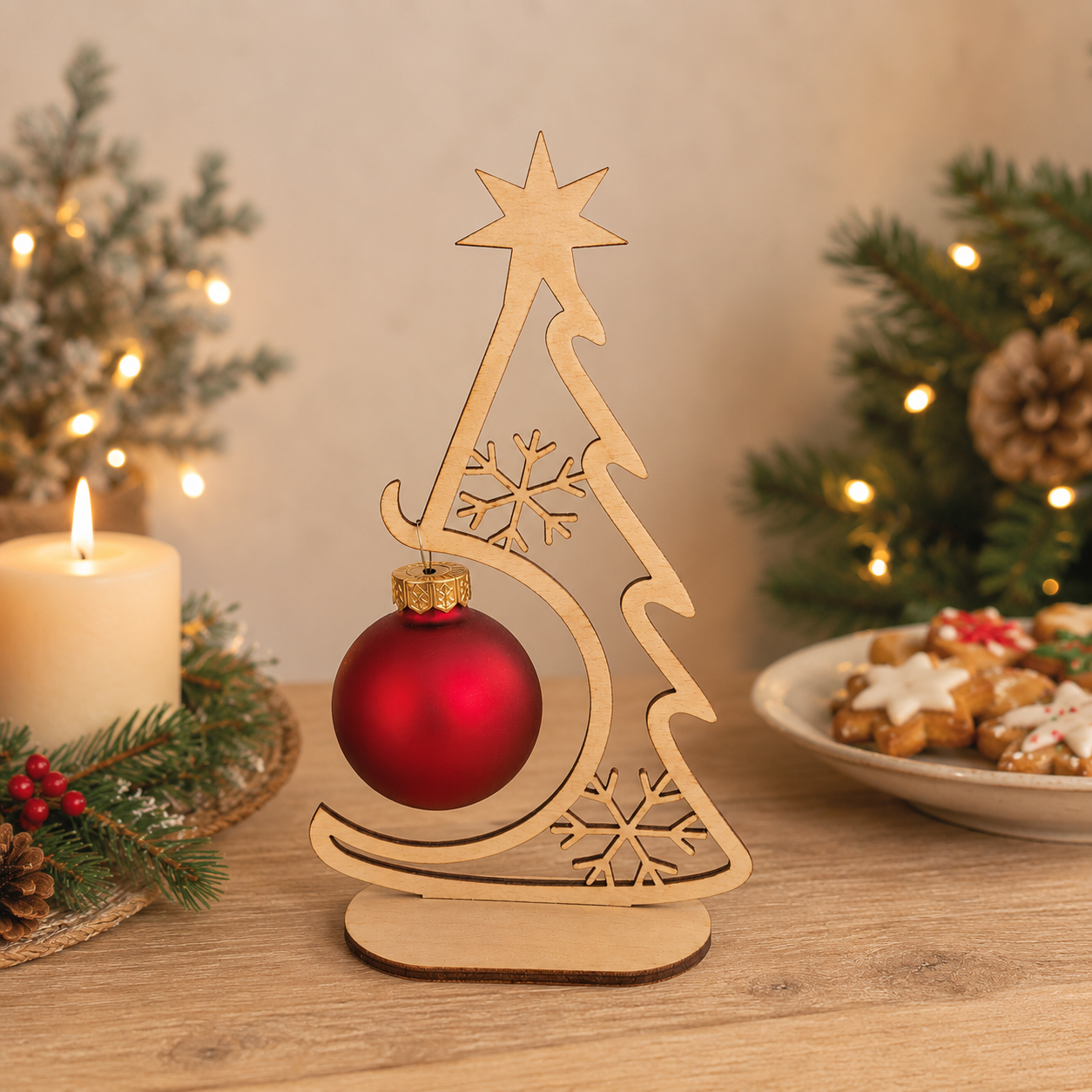Holz-Tannenbaum mit Schneeflocken – Weihnachtsdeko