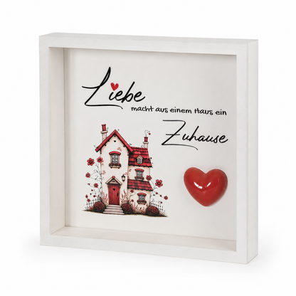 Holzbild „Liebe macht aus einem Haus ein Zuhause“ – Shabby-Deko mit 3D-Herz