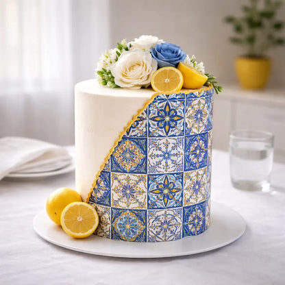 Tortenband mit toskanischem Fliesenmuster – Blau & Weiß Amalfi Optik Funnybake-Backzubehör