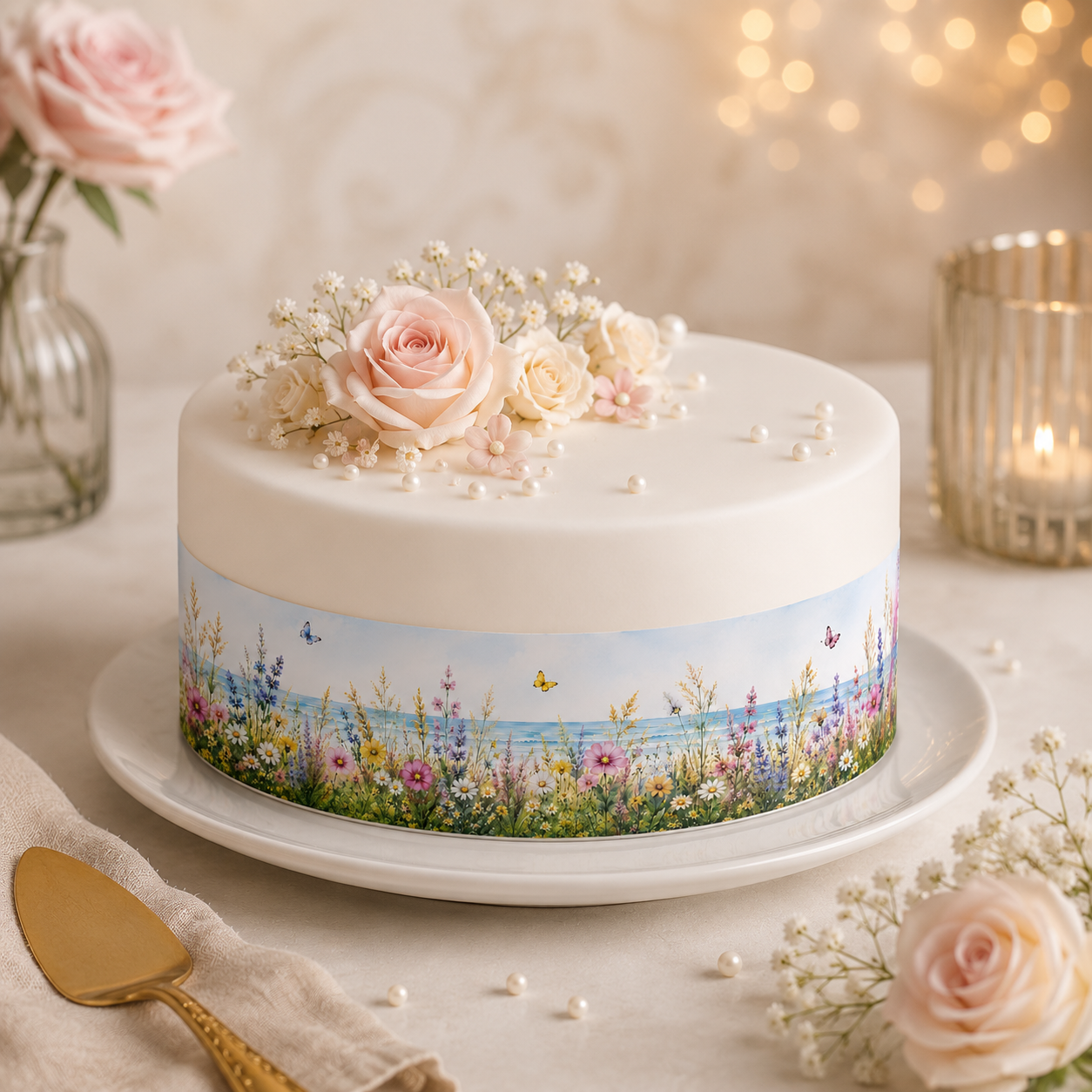 Tortenband Wildblumen mit Hintergrund – essbar, personalisierbar