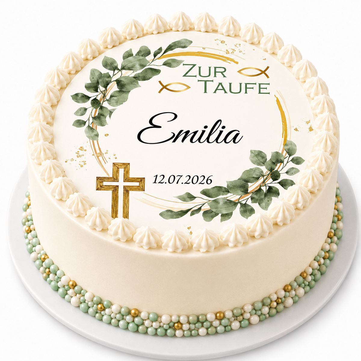Tortenaufleger Taufe personalisiert – Eukalyptus Ranke gold