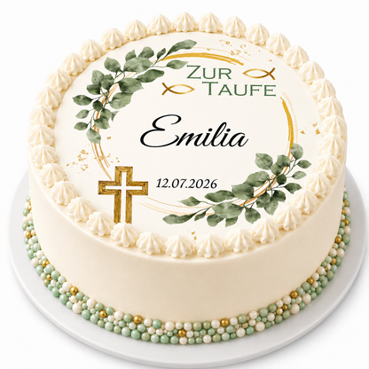 Tortenaufleger Taufe personalisiert – Eukalyptus Ranke gold