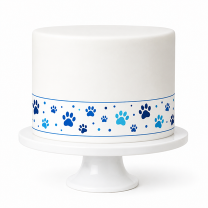 Tortenband Hundepfoten Blau auf weißer Torte