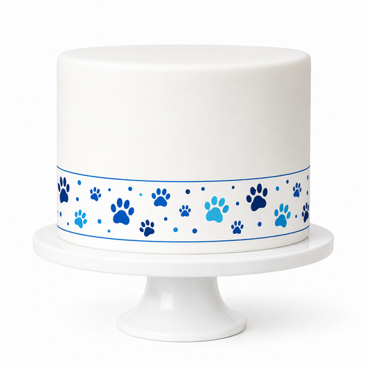 Tortenband Hundepfoten Blau auf weißer Torte