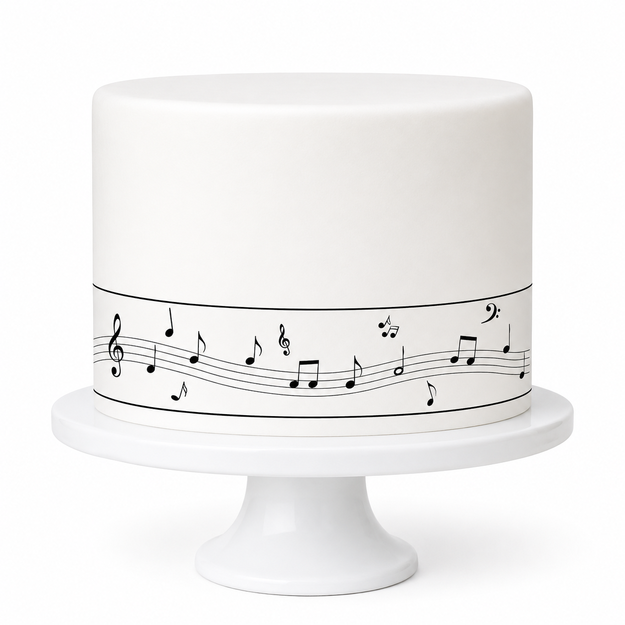 Tortenband Noten auf weißer Fondanttorte – essbares Zuckerpapier mit Violinschlüssel und Musiknoten