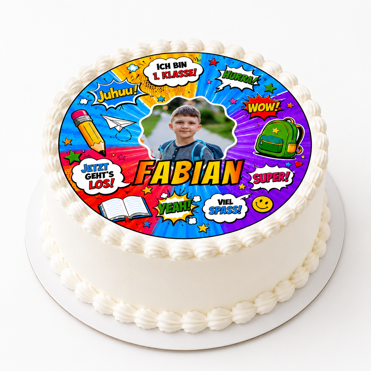 Tortenaufleger Einschulung personalisiert mit Foto & Name – Comic-Design, essbar, handgemacht