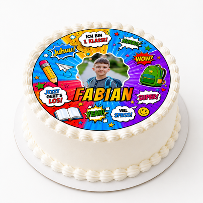 Tortenaufleger Einschulung personalisiert mit Foto & Name – Comic-Design, essbar, handgemacht