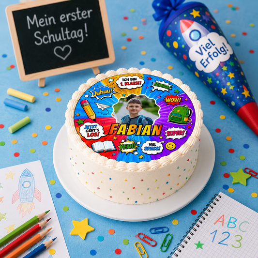 Tortenaufleger Einschulung personalisiert mit Foto & Name – Comic-Design, essbar, handgemacht