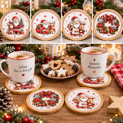 Runde Bambus-Untersetzer Weihnachten – 4 Motive: Weihnachtsmann, Schlitten, Bäcker mit Rentier, Weihnachtskranz – Einzeln oder 4er-Set