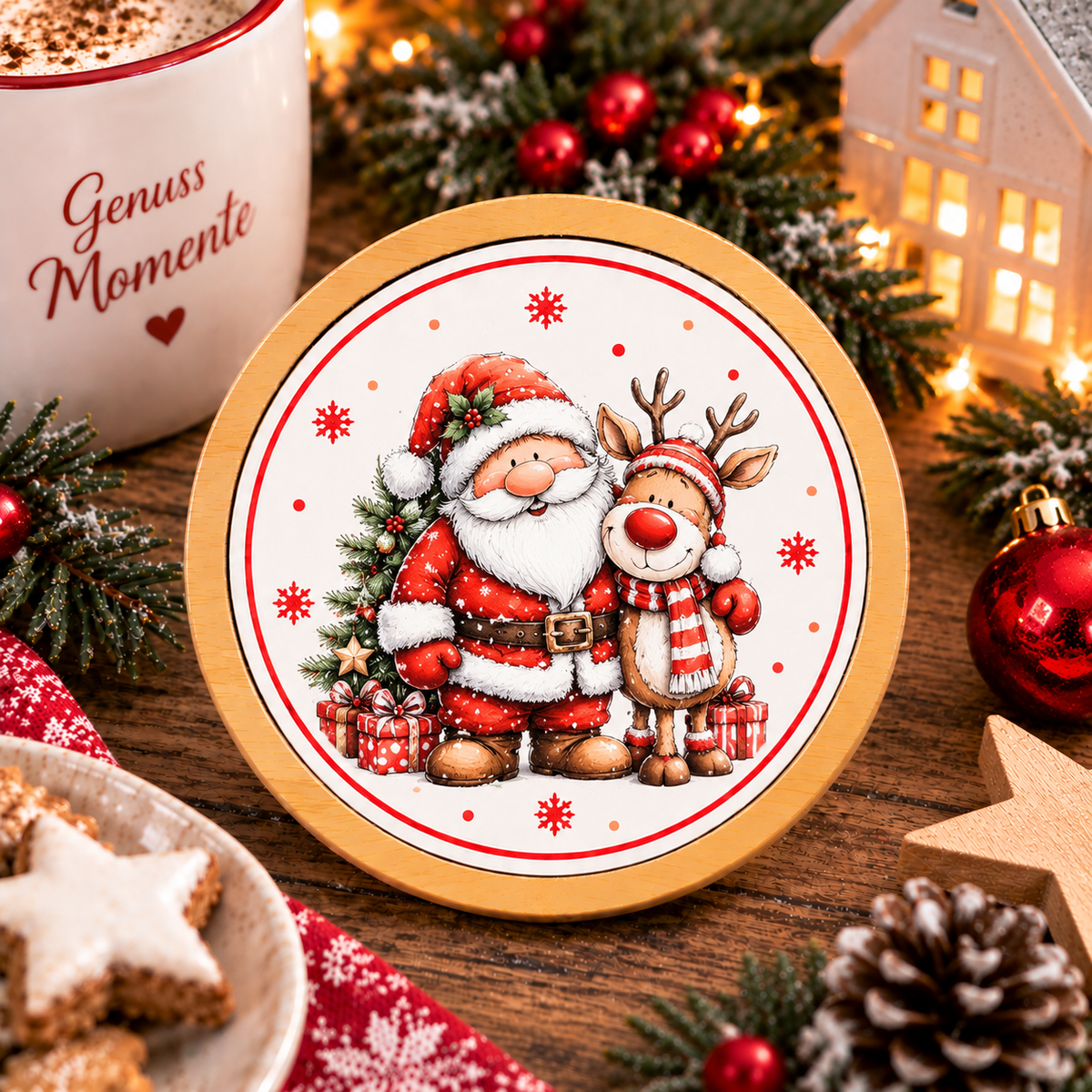 Runder Bambus-Untersetzer Weihnachten – Weihnachtsmann, Rentier & Kranz