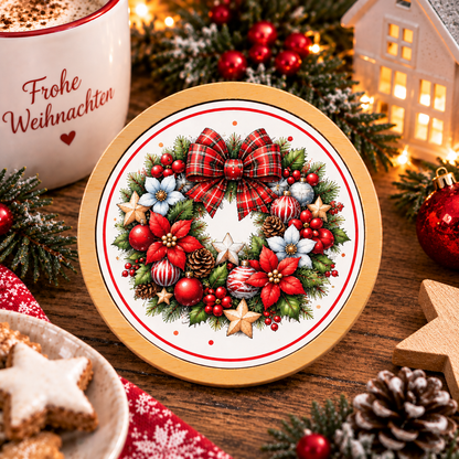 Runder Bambus-Untersetzer Weihnachten – Weihnachtsmann, Rentier & Kranz
