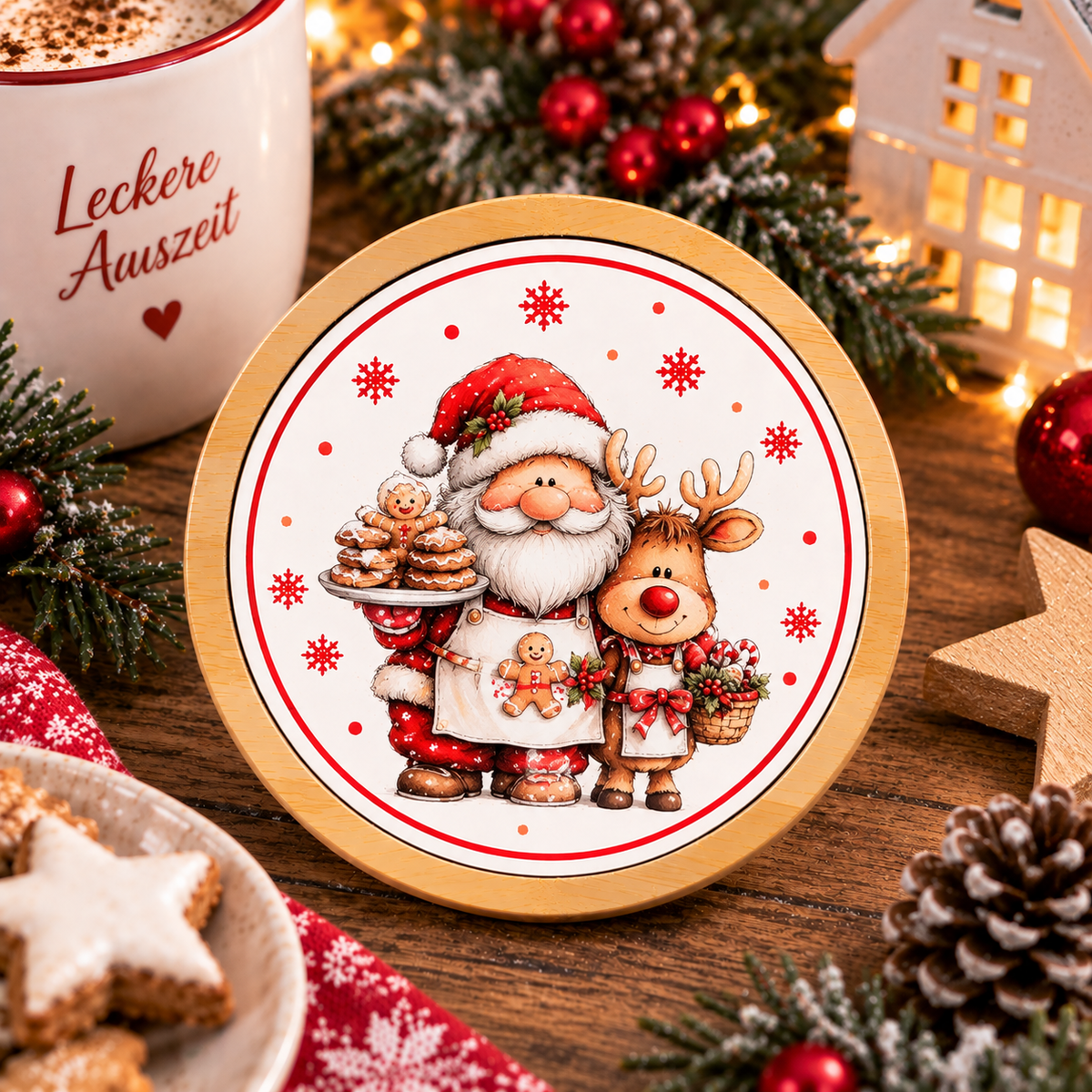 Runder Bambus-Untersetzer Weihnachten – Weihnachtsmann, Rentier & Kranz
