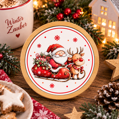 Runder Bambus-Untersetzer Weihnachten – Weihnachtsmann, Rentier & Kranz