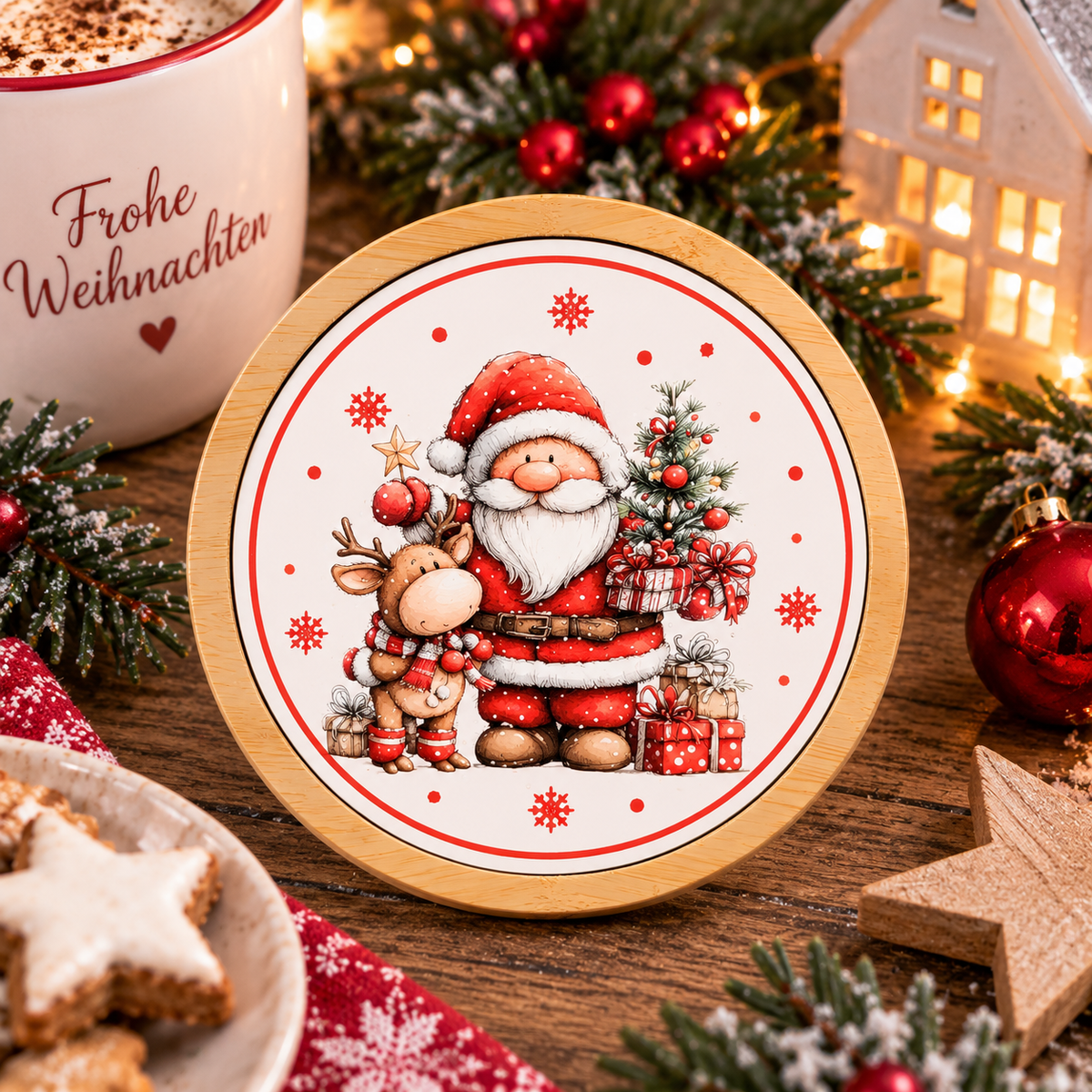 Runder Bambus-Untersetzer Weihnachten – Weihnachtsmann, Rentier & Kranz