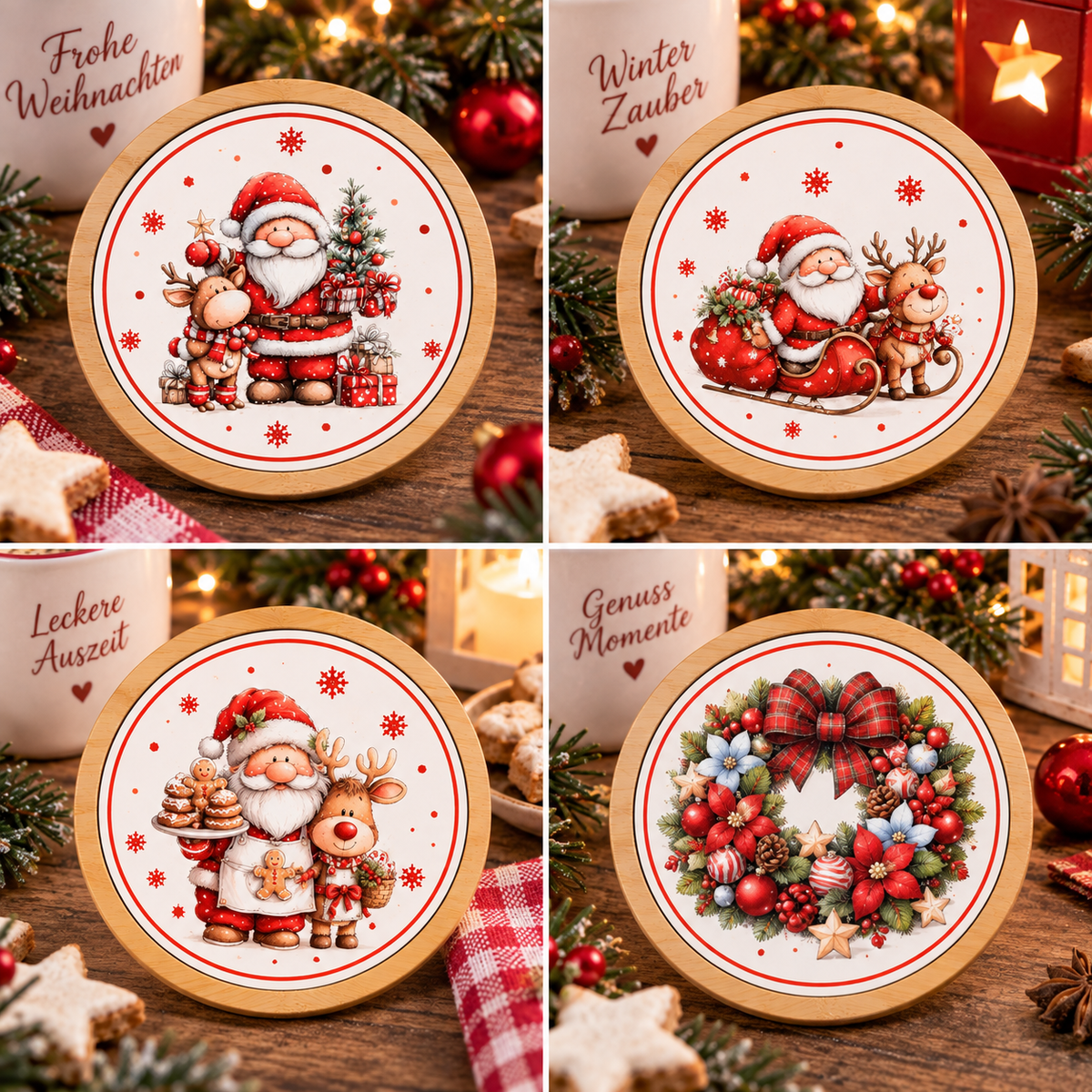 Runder Bambus-Untersetzer Weihnachten – Weihnachtsmann, Rentier & Kranz