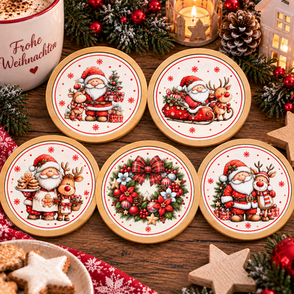 Runder Bambus-Untersetzer Weihnachten – Weihnachtsmann, Rentier & Kranz