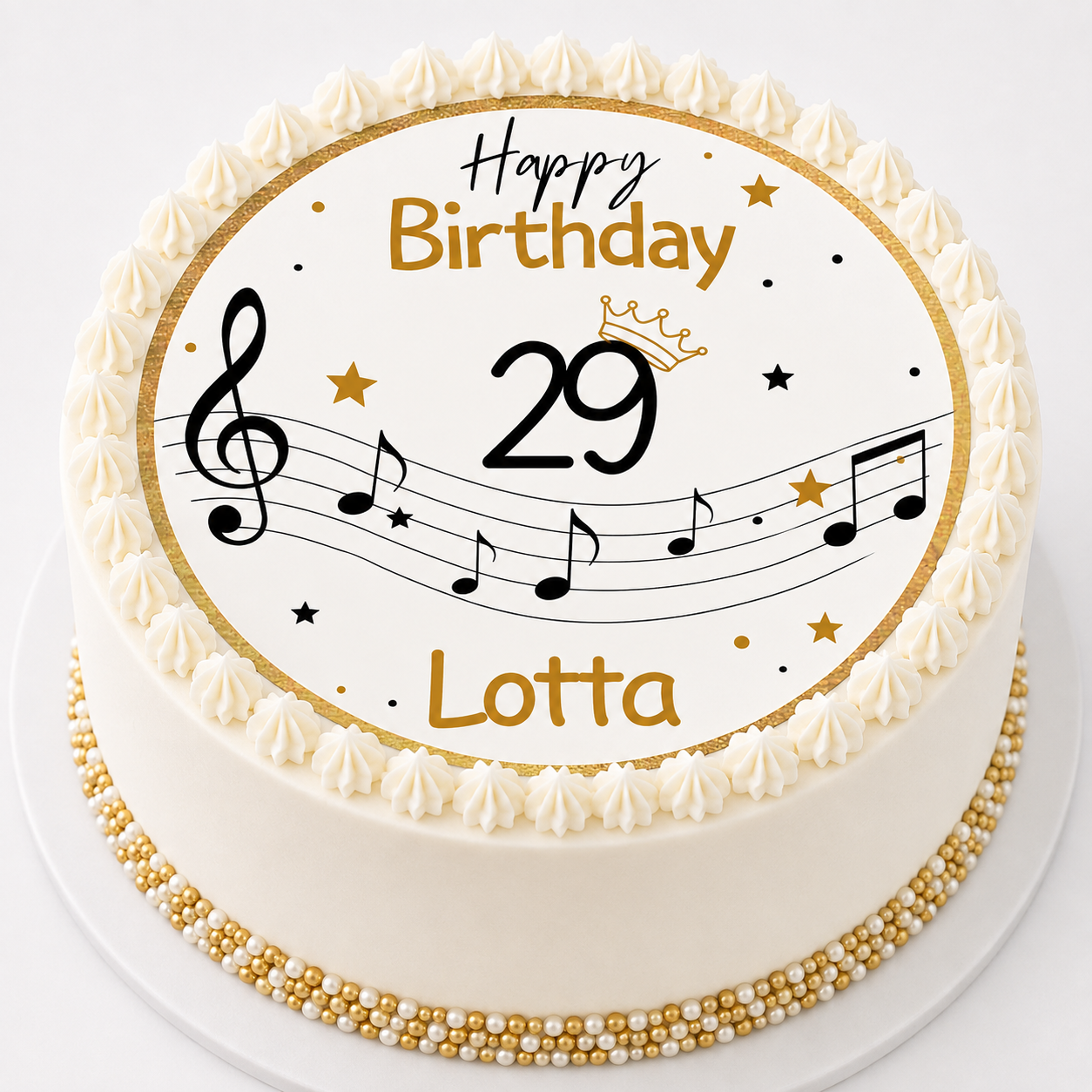 Tortenaufleger Noten personalisiert auf Geburtstagstorte – Happy Birthday mit Name und Zahl, goldene Sterne und Violinschlüssel