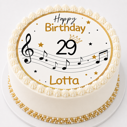 Tortenaufleger Noten personalisiert auf Geburtstagstorte – Happy Birthday mit Name und Zahl, goldene Sterne und Violinschlüssel