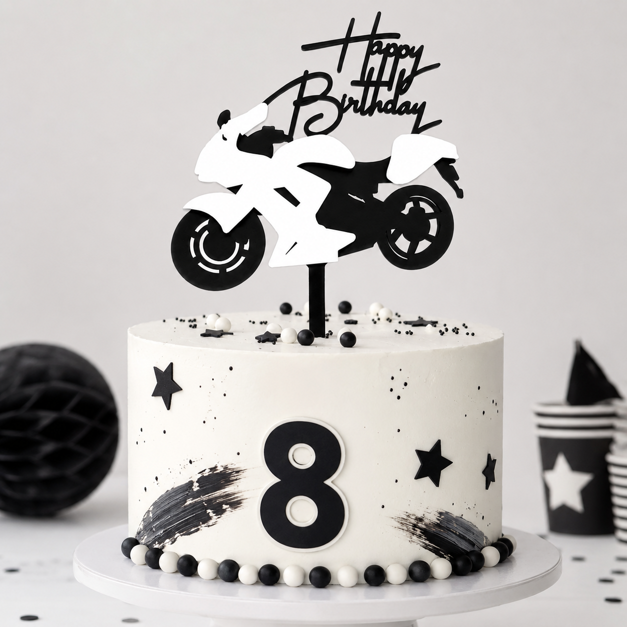 Tortenstecker Motorrad schwarz-weiß – Caketopper Geburtstag