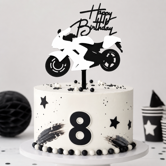 Tortenstecker Motorrad schwarz-weiß – Caketopper Geburtstag & Führerschein