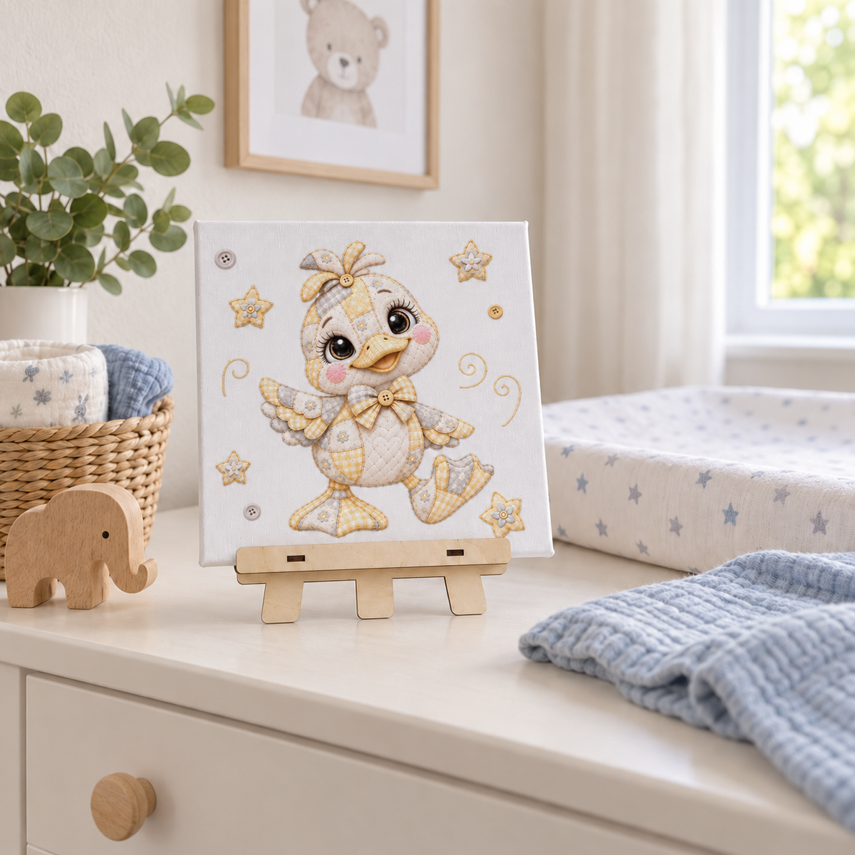 Leinwandbild Ente auf Holzstaffelei auf Wickelkommode – Dekoration Babyzimmer