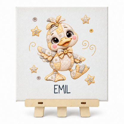 Leinwandbild Ente personalisiert mit Name Emil auf Holzstaffelei – Geschenk zur Geburt
