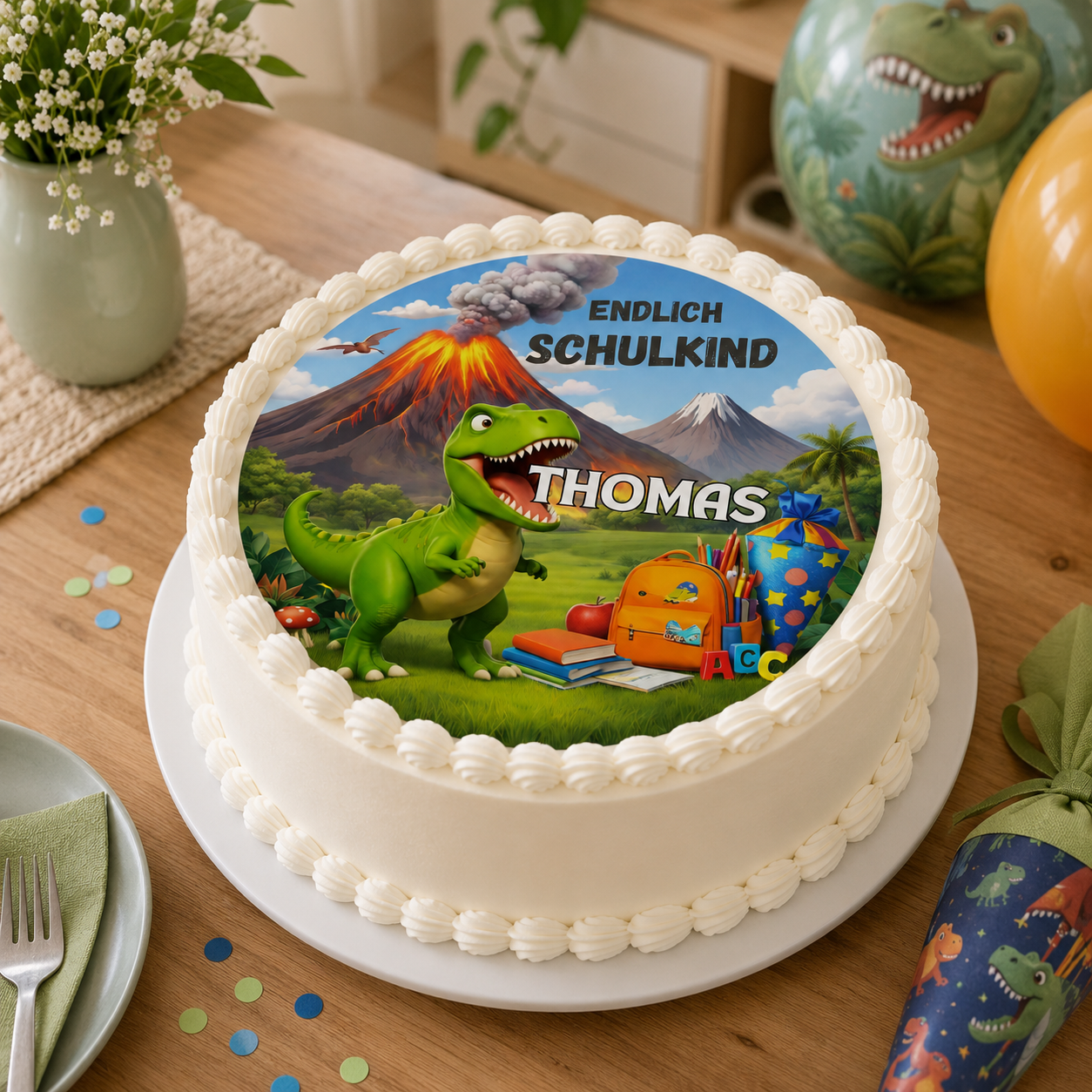 Tortenaufleger Einschulung Dino T-Rex – personalisiert mit Name