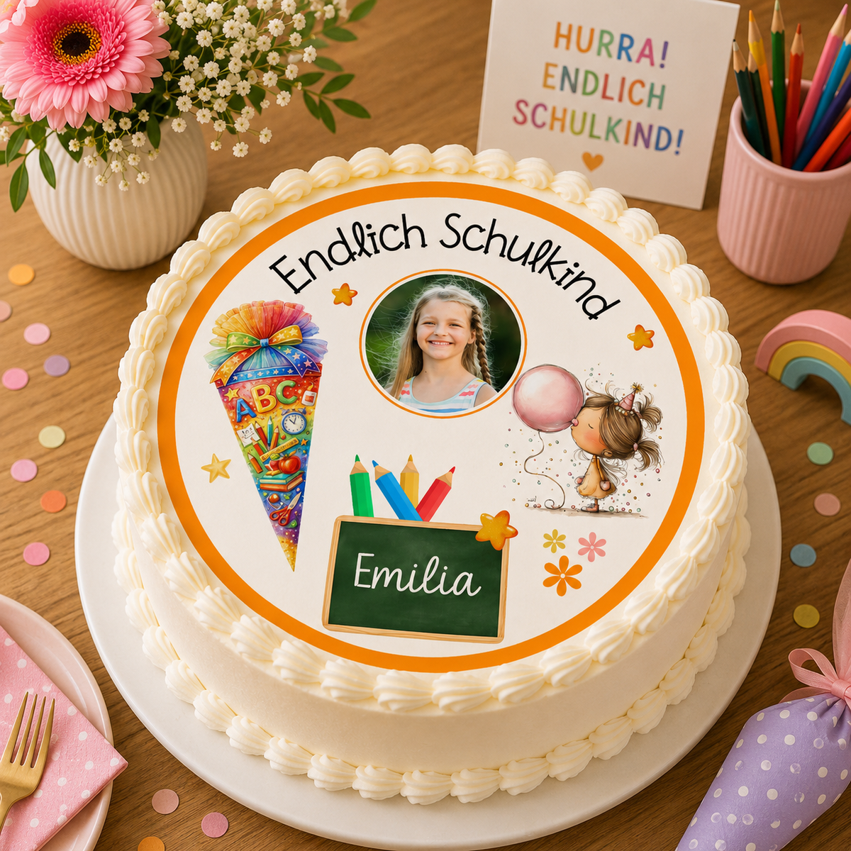 Tortenaufleger  Endlich Schulkind für Mädchen mit Bild
