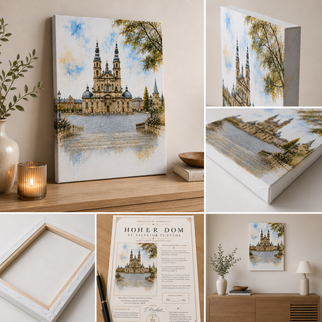 Leinwandbild Hoher Dom Fulda – Limitierte Edition 1 von 100, handsigniert, Aquarell-Stil