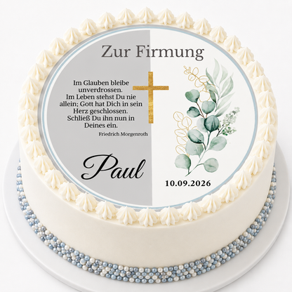 Tortenaufleger Firmung Eukalyptus Kreuz personalisiert