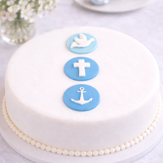 Kreise mit christlichen Symbolen aus Fondant – essbare Tortendekoration in Blau