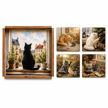 Holztablett-Set mit 4 Untersetzern – Katzenmotiv für Katzenliebhaber