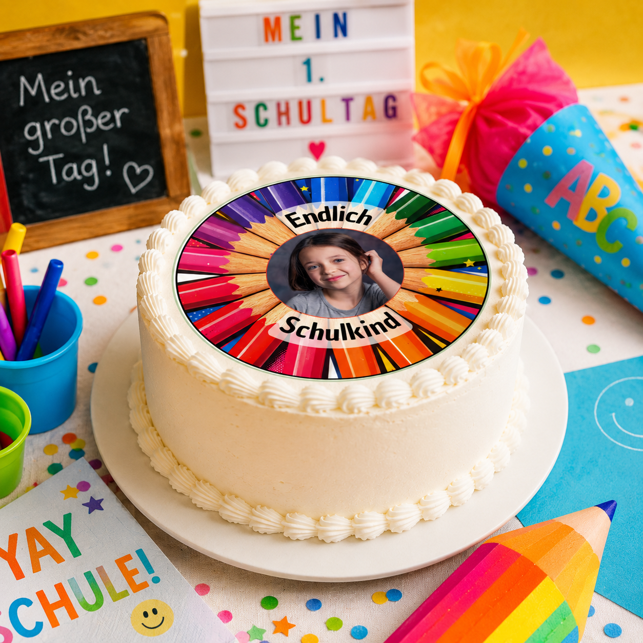 Tortenaufleger Einschulung mit Foto – Endlich Schulkind, rund 20 cm